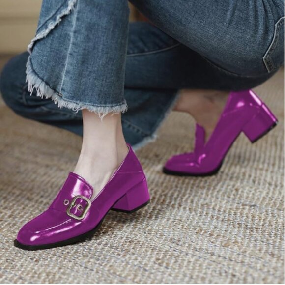 YDN Purple Square Toe Loafers Slip on Block Low Heel Pumps Buckle Fashion Shoes - Picture 1 of 8